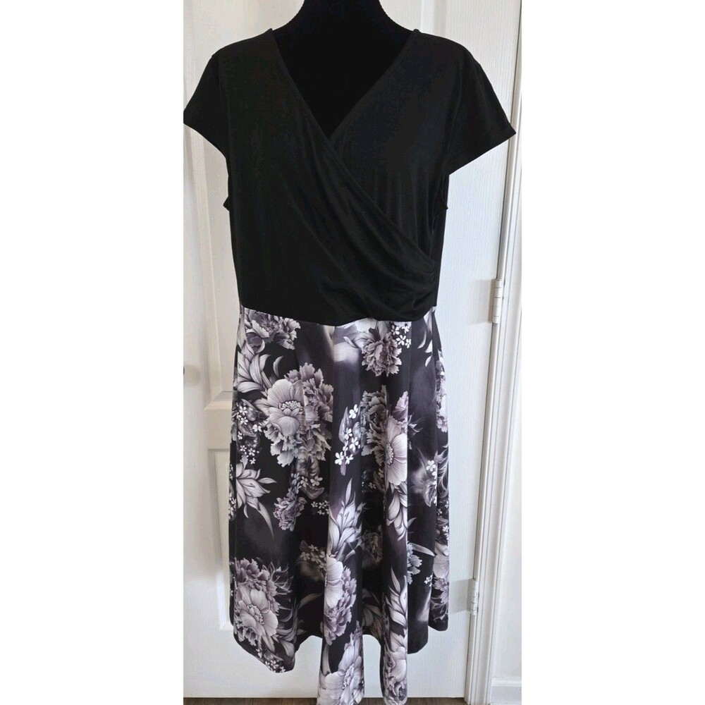 Oxiuly Fashion Floral V-Neck Wrap Midi Dress Short Sleeve Black 2XL